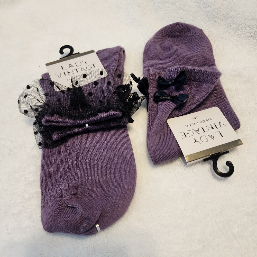 Lady Vintage Purple Crew Socks with Black Bows And Polka Dots